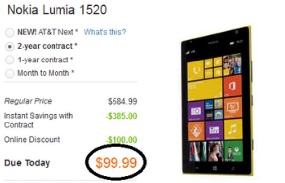 Harga Nokia Lumia 1520 Hanya $  99,99 Sistem Kontrak AT&T