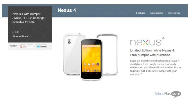 White Nexus 4 Versi 8GB Tidak Tersedia Lagi di Google Play