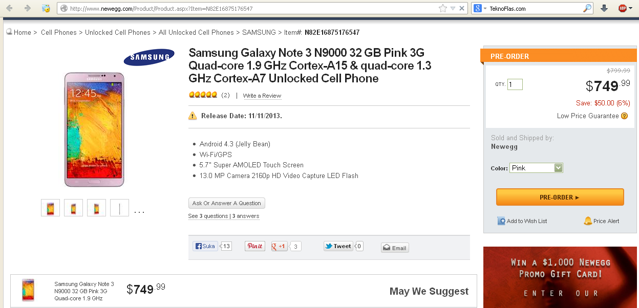 Pre-order Phablet Samsung Galaxy Note 3 Warna Pink di AS