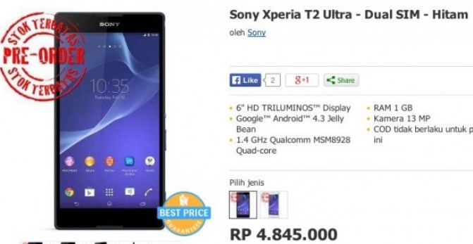 Sony Xperia T2 Ultra Resmi Beredar di Indonesia