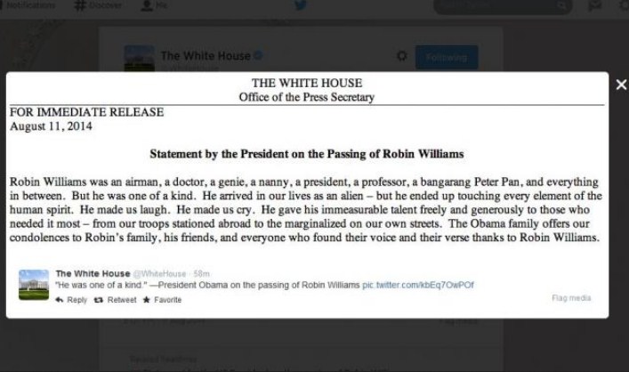 Robin Williams Meninggal, Obama Ucapkan Belasungkawa