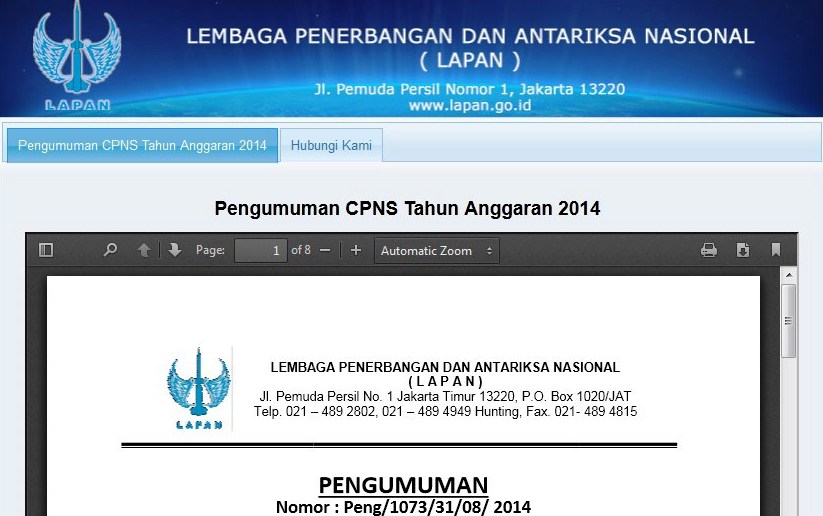 www.panselnas.menpan.go.id: Pendaftaran CPNS LAPAN 2014 Online Sekarang!